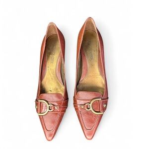 Circa Joan & David Brown Leather Buckle Pointed Toe Kitten Heel Pumps Women 9 US
